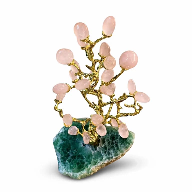 Rose Quartz & Green Fluorite Crystal Gemstone Tree Sculpture