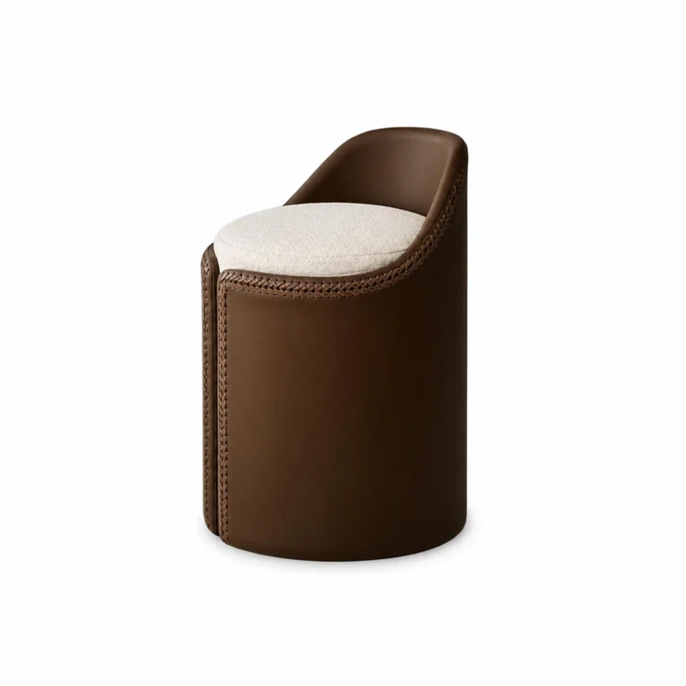 Braided Leather & Bouclé Low-Back Vanity Stool
