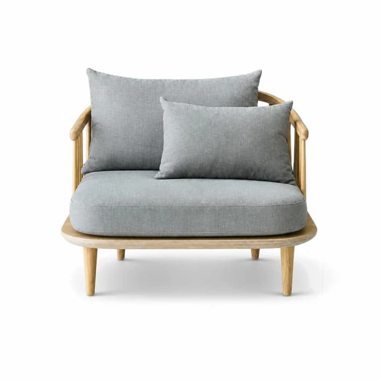 Scandinavian Spindle Oak & Grey Linen Lounge Chair
